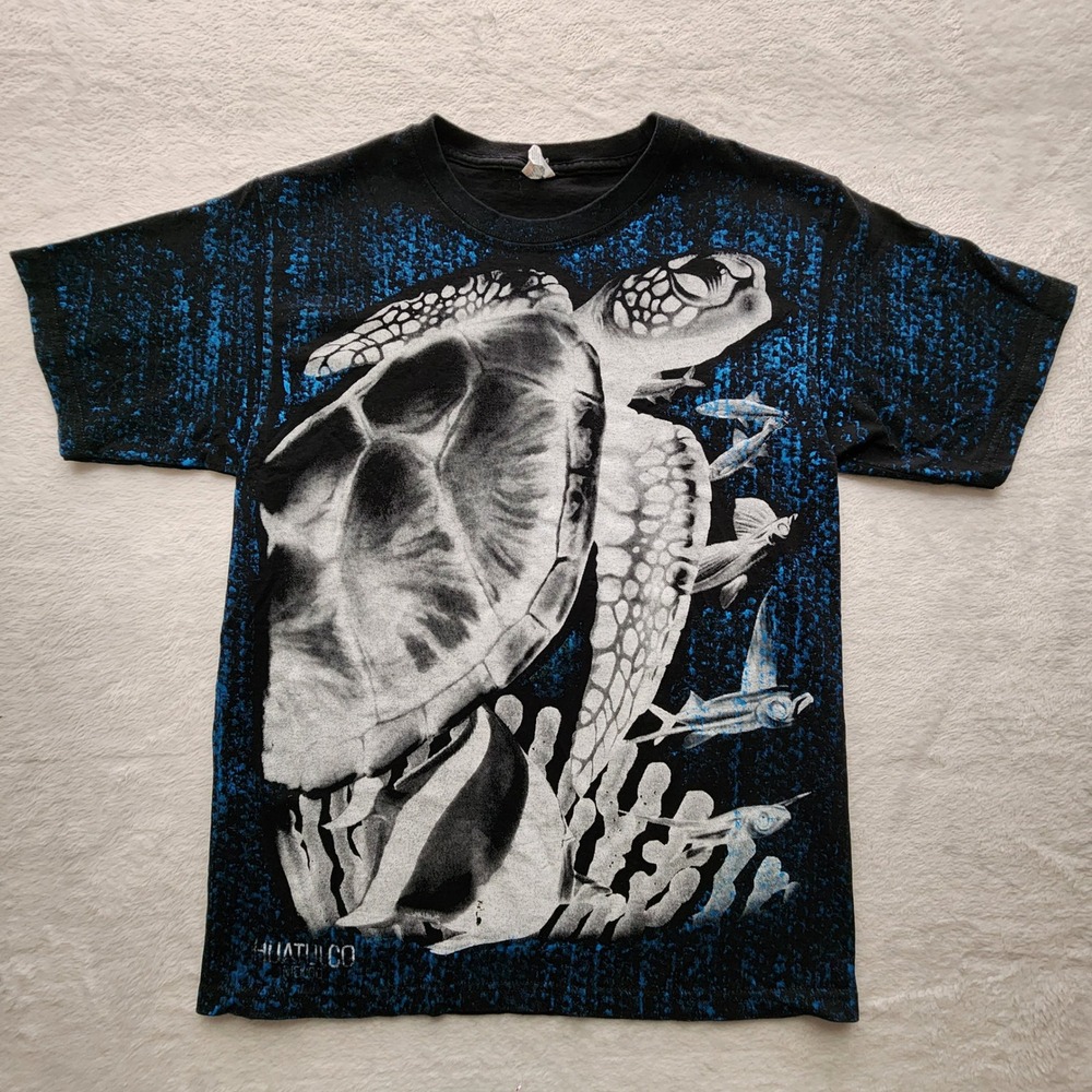 Sea Turtle Graphic T Shirt Mens Medium Black Blue All Over Print‎ Ocean Mexico